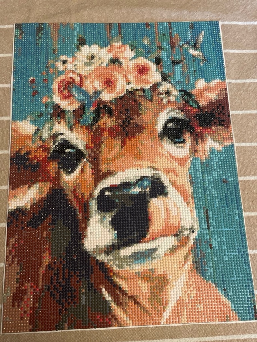 Whimsical Cow Diamond Art - Teal, Coral & Cream